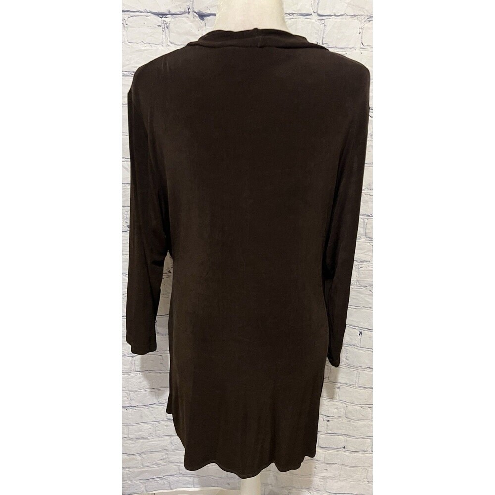Chico's Travelers Faux Wrap Top Chocolate Brown Slinky Knit Shirt Size 2/L/12 - Picture 5 of 9